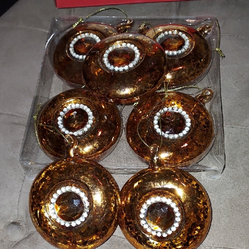 Gold Mercury Glass Style Artisan Glass Christmas Ornaments Rhinestone Accents 4"